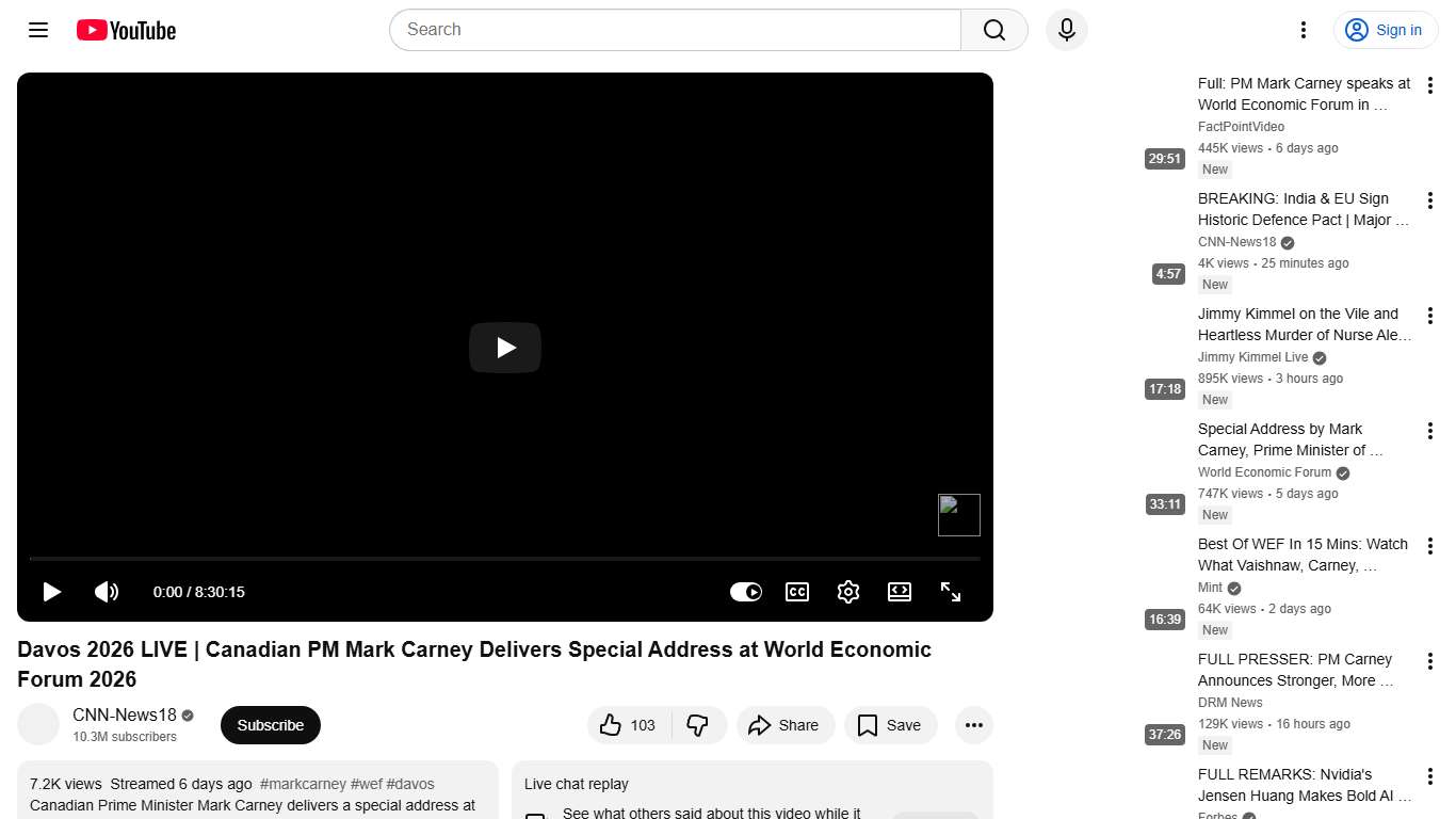 Davos 2026 LIVE Canadian PM Mark Carney Delivers Special Address at World Economic Forum 2026 - YouTube