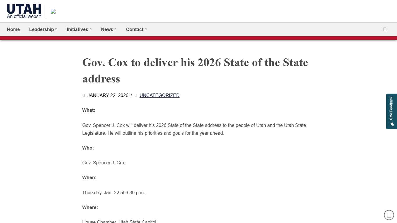 Gov. Cox to deliver his 2026 State of the State address Governor Spencer J. Cox