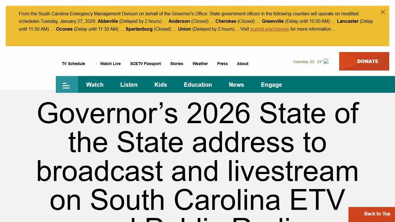 Governor’s 2026 State of the State address to broadcast and livestream on South Carolina ETV and Public Radio Stories January 22, 2026 South Carolina ETV